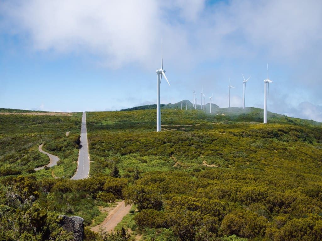 Straight road crossing a green Madeiran highland plateau with a row of white wind turbines along the ridge