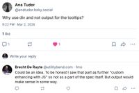A Bluesky post by Ana Tudor asking why the tooltips use div instead of output, and a reply from Brecht De Ruyte saying output would make sense