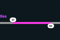 A range slider with two thumbs and a pinks segment between them. the thumbs have values in them 37 and 65. title of slider is floating tooltip handles.