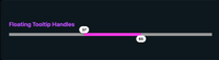 A range slider with two thumbs and a pinks segment between them. the thumbs have values in them 37 and 65. title of slider is floating tooltip handles.