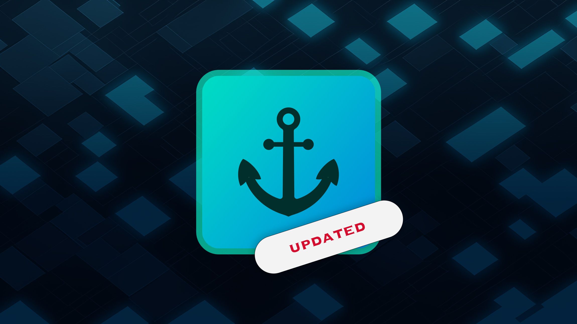 A boats anchor agains a futuristic background with rectangle patterns, with text updated on it