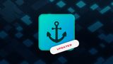 A boats anchor agains a futuristic background with rectangle patterns, with text updated on it