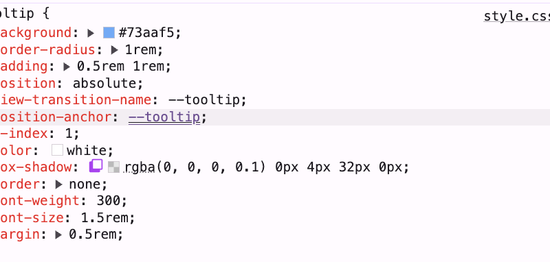 Screenshot showing DevTools with CSS anchoring tools, displaying a positioned element connected to its anchor point