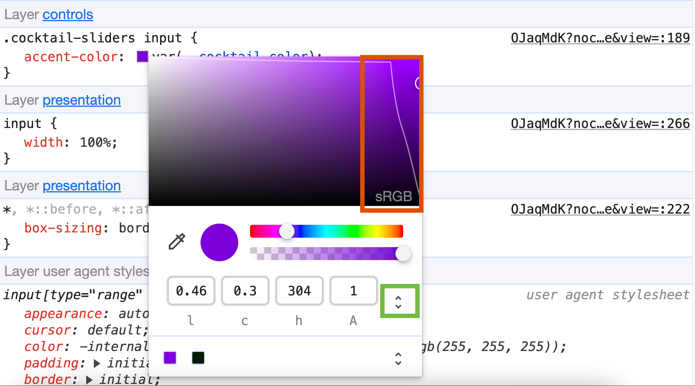 The CSS Color panel of DevTools