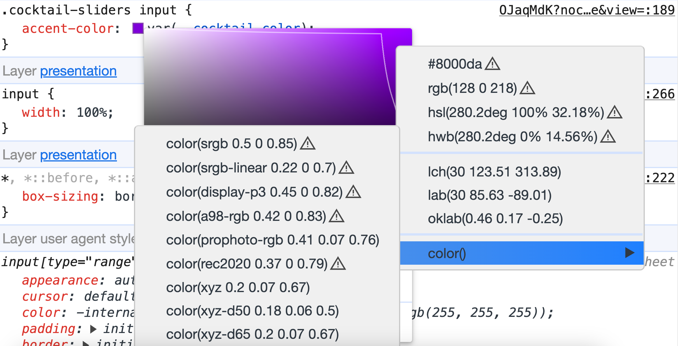 Switching color spec in DevTools