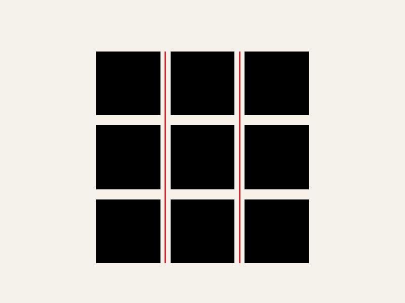 A red border between columns in a 3 by 3 grid