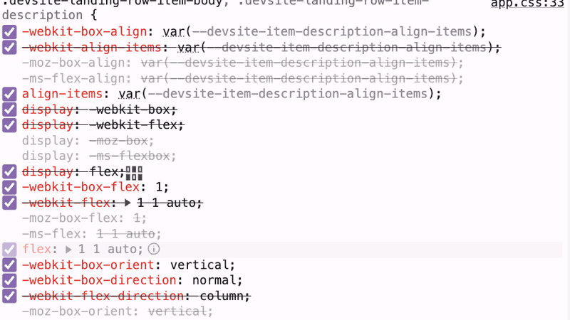 DevTools CSS panel showing multiple crossed-out style declarations that have been overridden by specificity