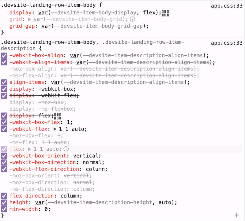 DevTools CSS panel showing multiple crossed-out style declarations that have been overridden by specificity