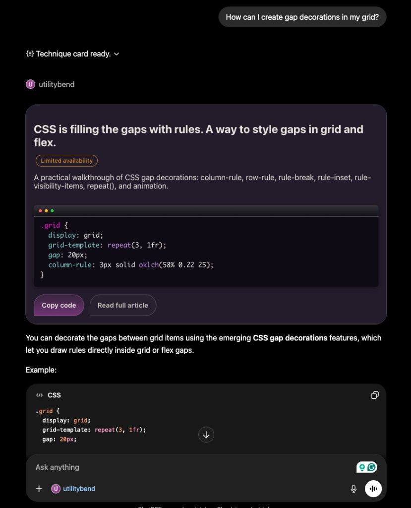 Dark mode ChatGPT view with utilitybend technique card styling