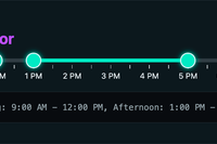 A range slider with legend: opening hours selector. it has 4 thumbs and ticks with hours at the bottom starting at 8 AM, ending at 10pm. the segments of the thumbs are styled, drawing a teal line between the first two and the last two. It looks like you can select opening hours by setting an am range and pm range