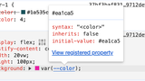 DevTools in Chrome, hovering over a custom property shows the current value and registered property info