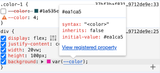 DevTools in Chrome, hovering over a custom property shows the current value and registered property info