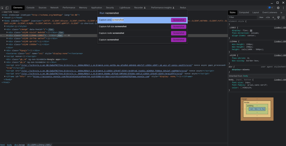Take a screenshot in Chrome DevTools