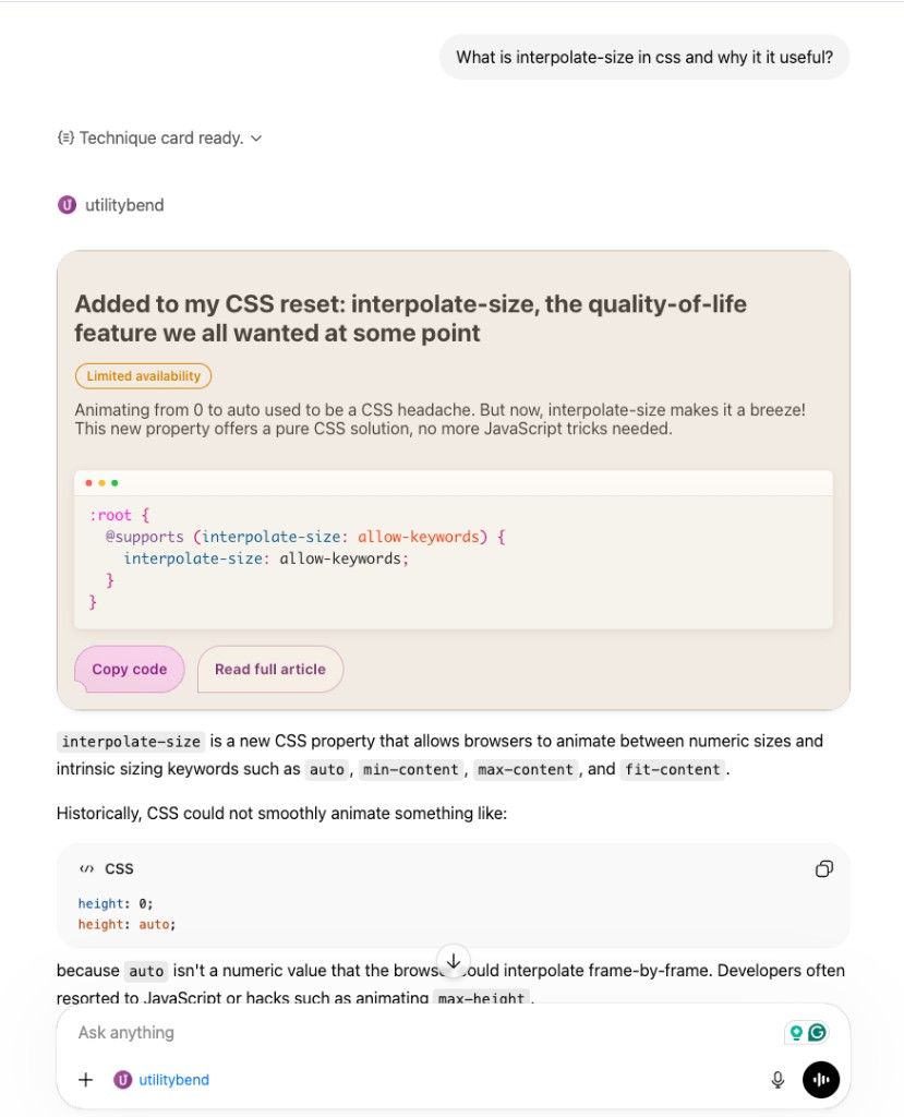 ChatGPT response showing an interpolate-size card with code sample