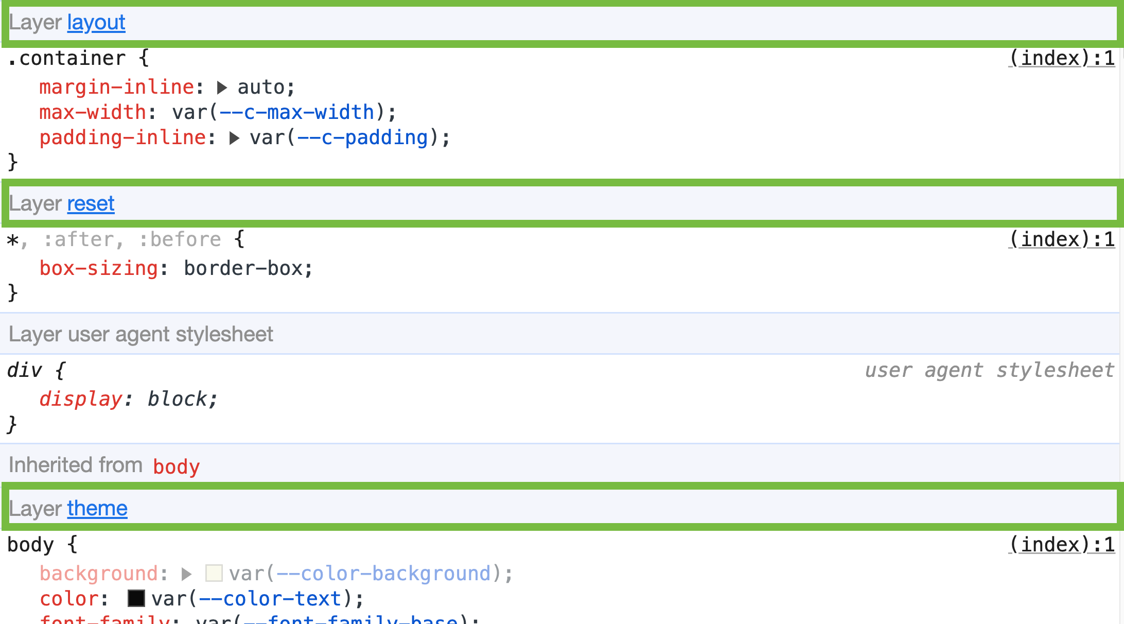 CSS Layers divide the styles in the DevTools