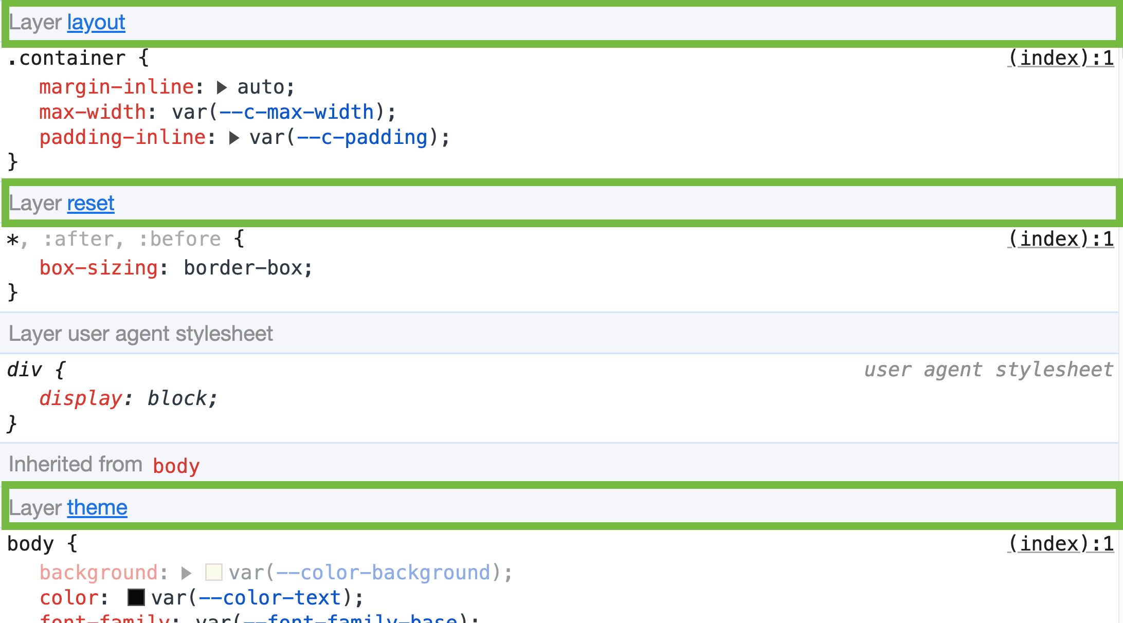 CSS Layers divide the styles in the DevTools
