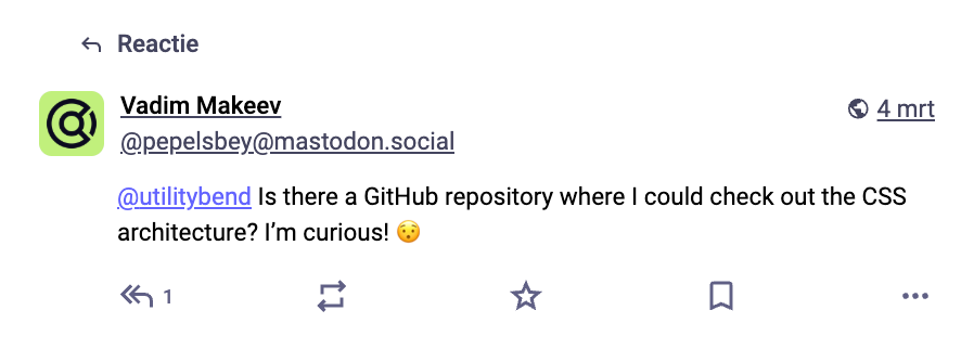 A Mastodon post from Vadim Makeev asking: Is there a GitHub repository where I could check out the CSS architecture? I'm curious!