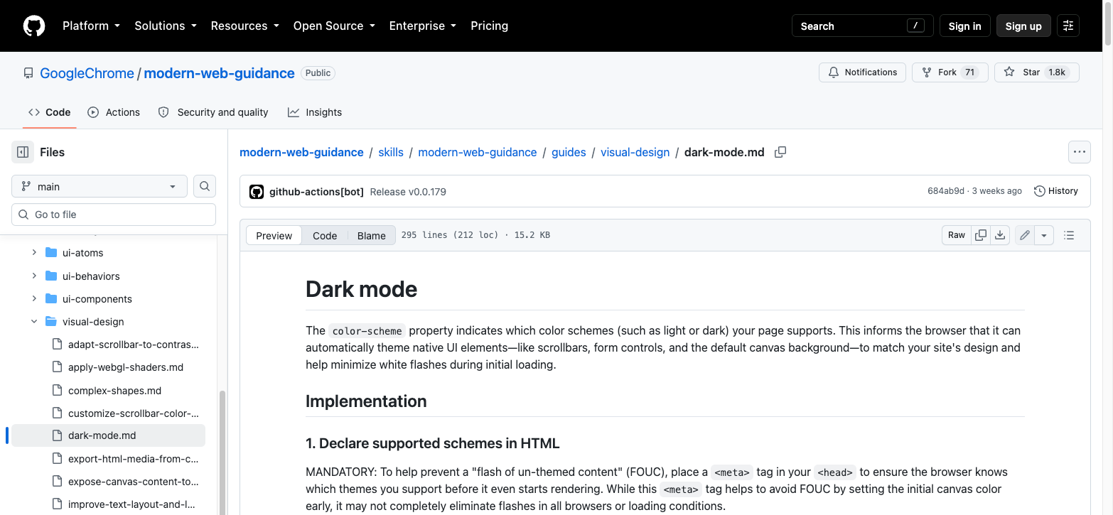 Screenshot of the dark-mode guide file in the GoogleChrome/modern-web-guidance GitHub repository