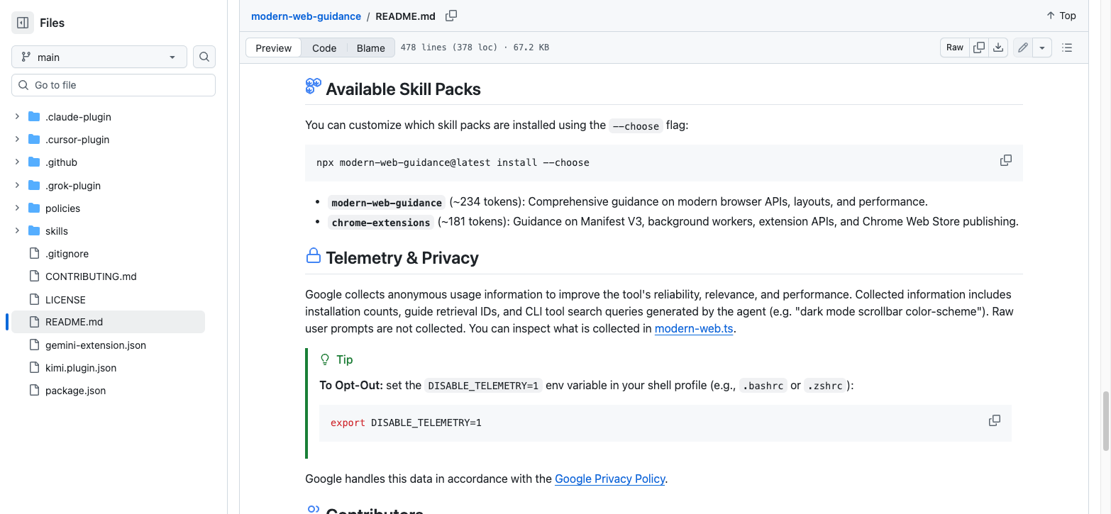 Screenshot of the Telemetry and Privacy section in the Modern Web Guidance README on GitHub