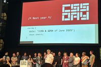 All speakers on stage at CSS day, behind them there is a slide indicating the edition next year will be 11th and 12th of june
