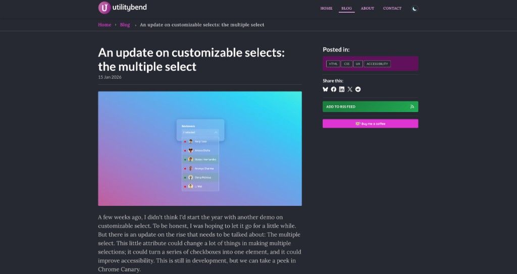 The previous version of the utilitybend blog, showing a dark themed article page with code blocks and a sidebar