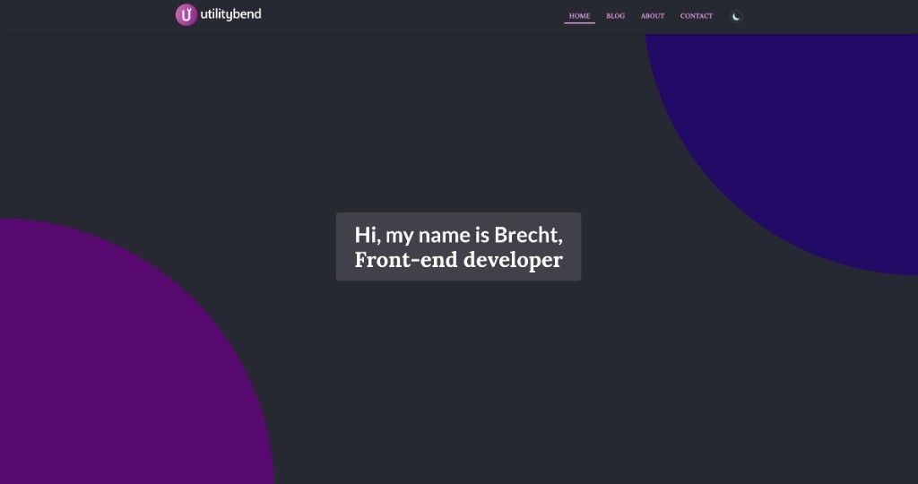The old utilitybend homepage in dark mode, showing large purple and indigo orb blobs in the background