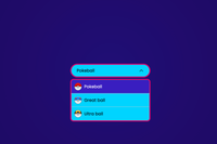 A blue select on dark background, the select has the text pokeball on it, the dropdown has options visually showing images of a pokebal next to the text