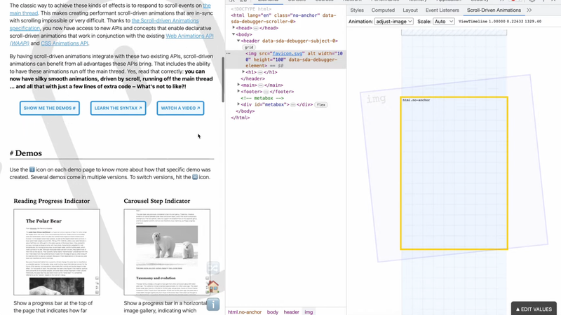 Scroll-driven animations debugger extension showing timeline and animation controls for CSS scroll-driven animations