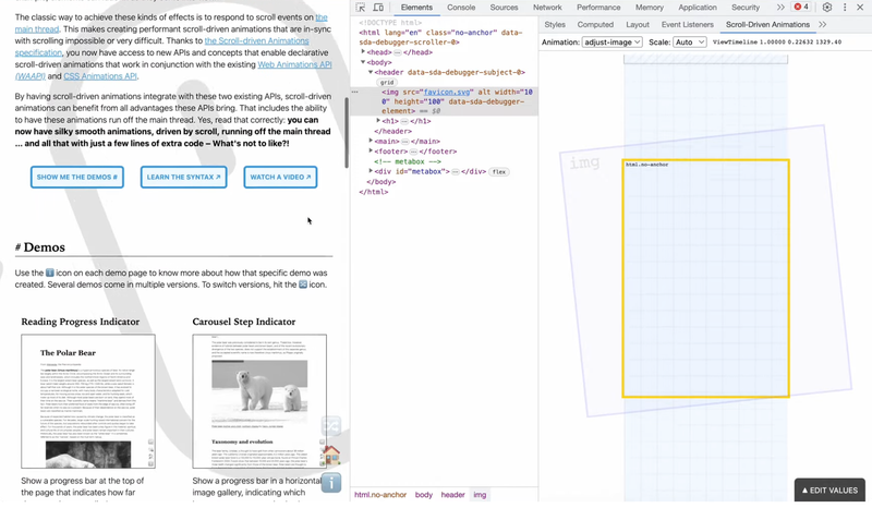 Scroll-driven animations debugger extension showing timeline and animation controls for CSS scroll-driven animations