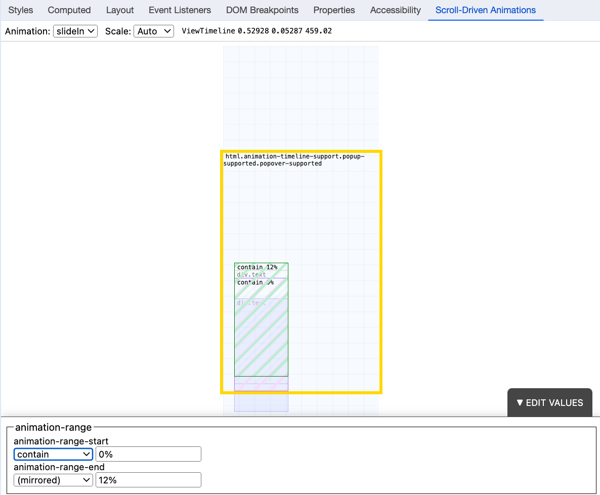 Scroll Driven Animations debug panel enter and exit options