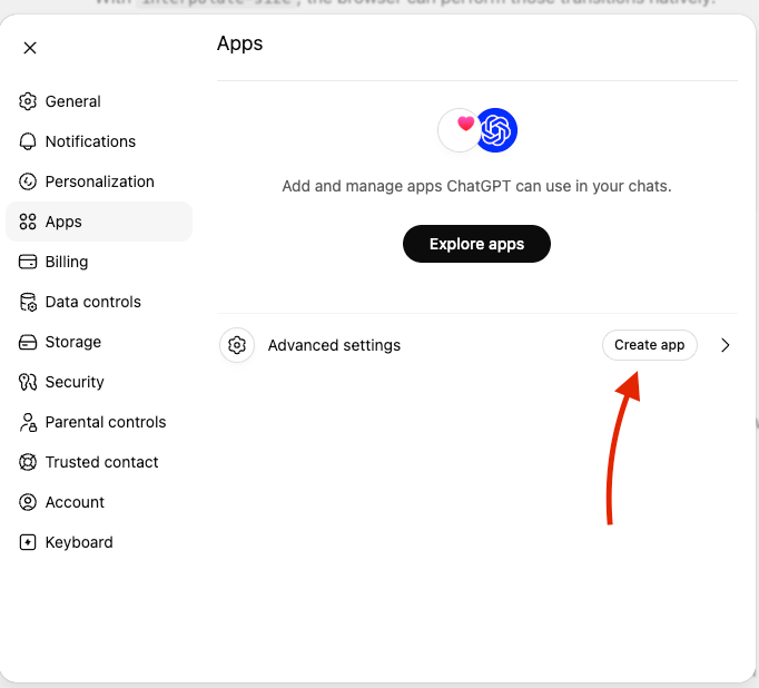 ChatGPT settings page with the create app button highlighted
