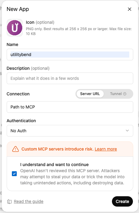 New app modal in ChatGPT showing server URL and MCP path fields