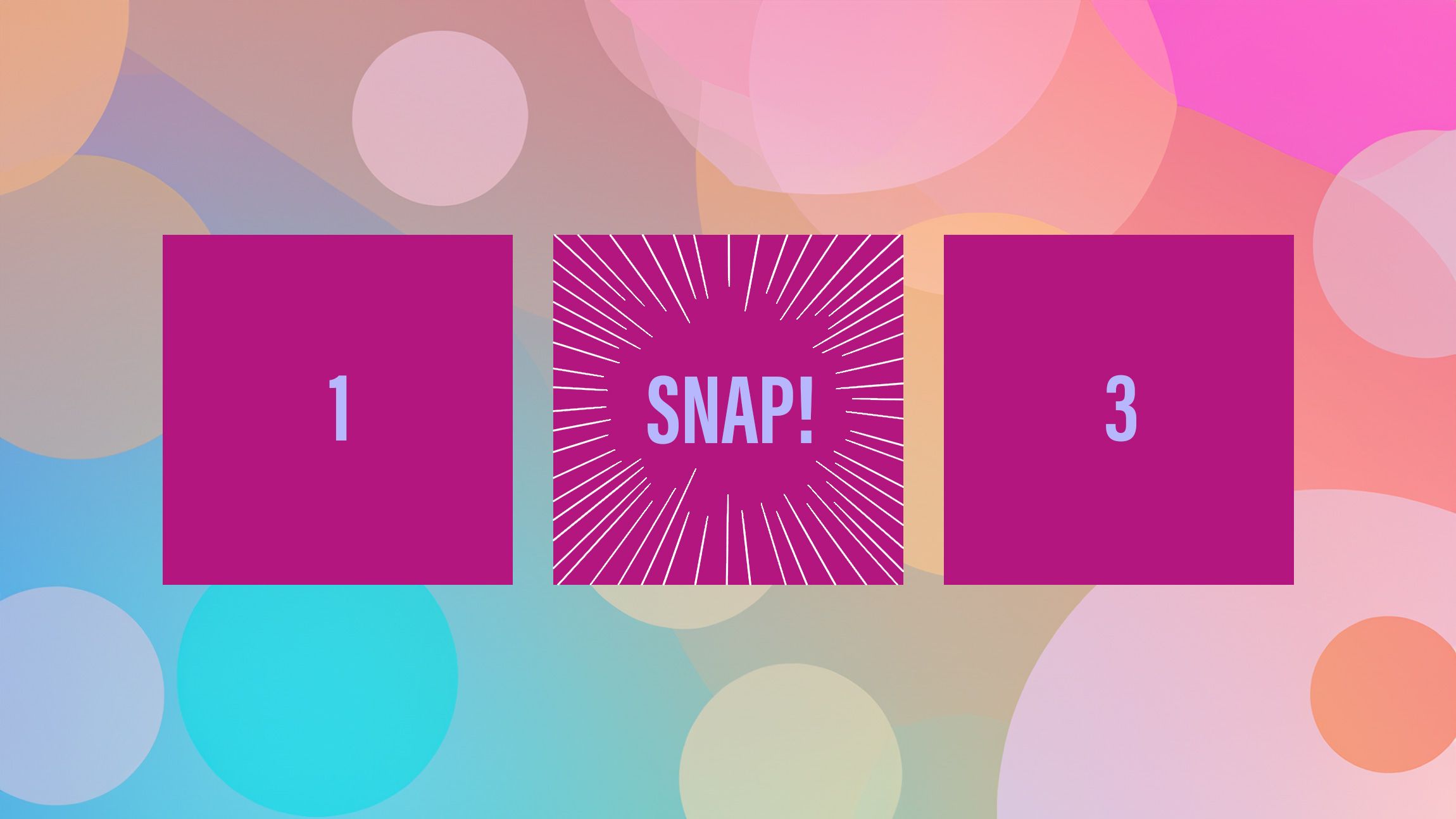 Three purple squares agains a pastel background, the middle square has some comic explosion lines on it and reads snap