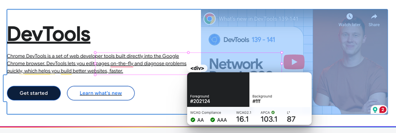 Concept showing DevTools panels pinned and floating over a webpage, including color picker and other inspection tools