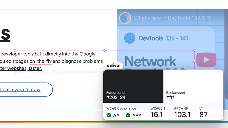 Concept showing DevTools panels pinned and floating over a webpage, including color picker and other inspection tools
