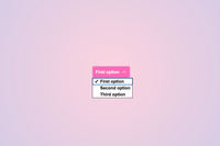 A pink select with white text and slightly rounded corners and an arrow. has a white list box under it