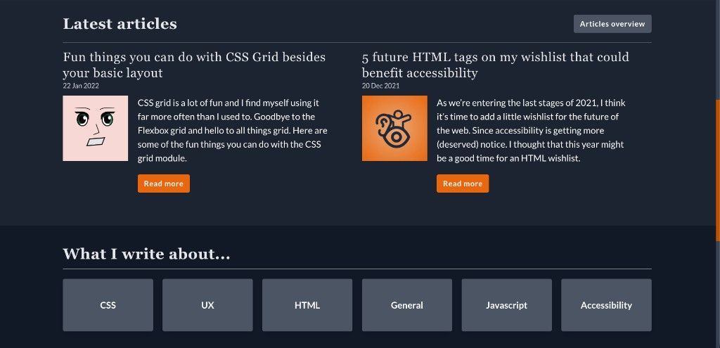 A very old version of the utilitybend website built with Tailwind, showing a dark blue theme with orange accents and article cards