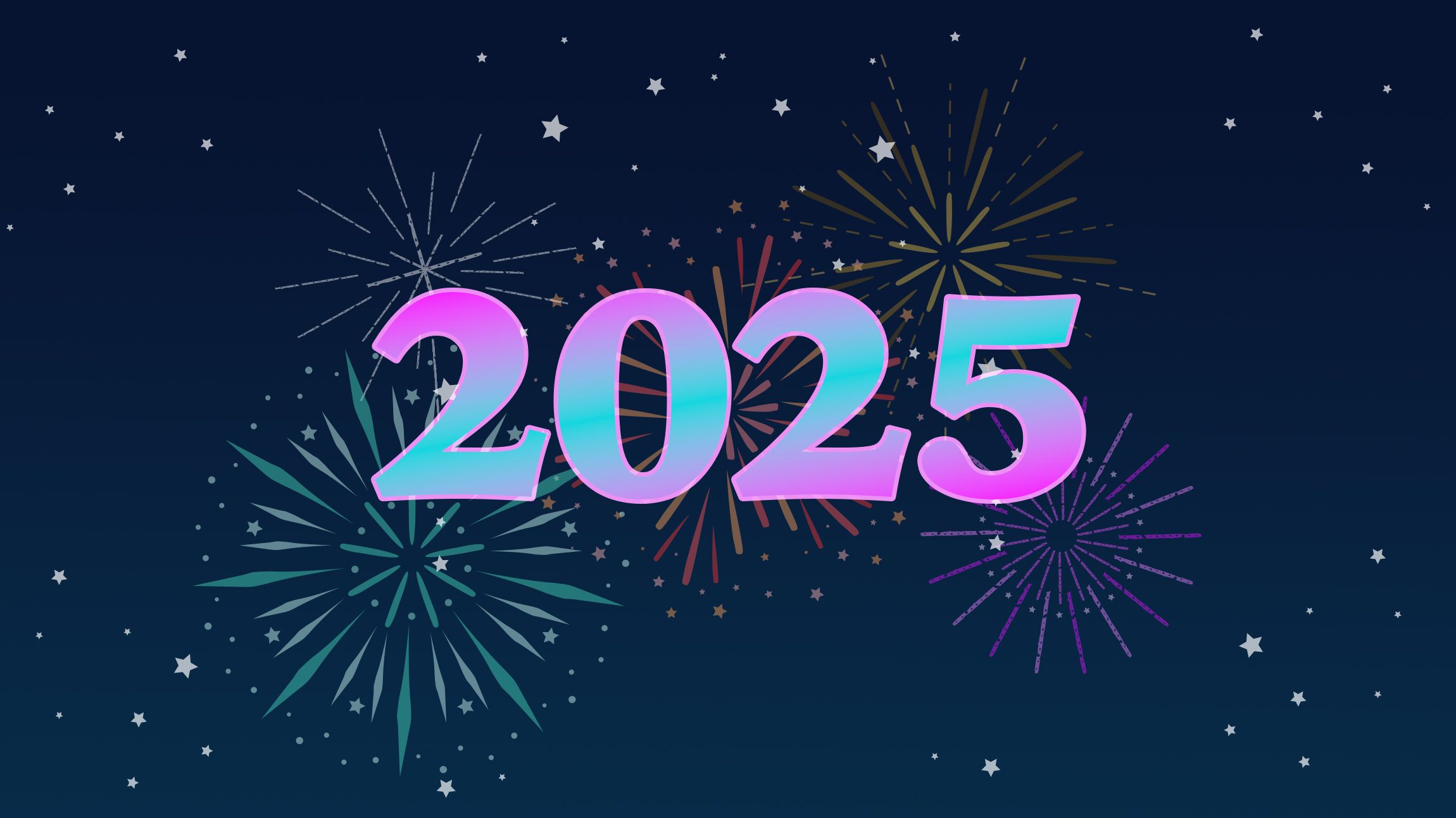 text 2025 with some fireworks behind it
