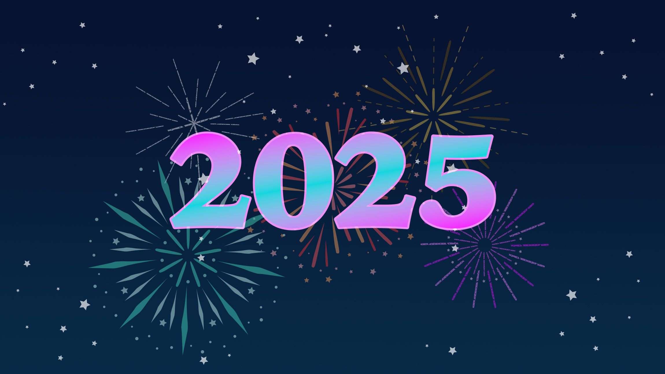 text 2025 with some fireworks behind it