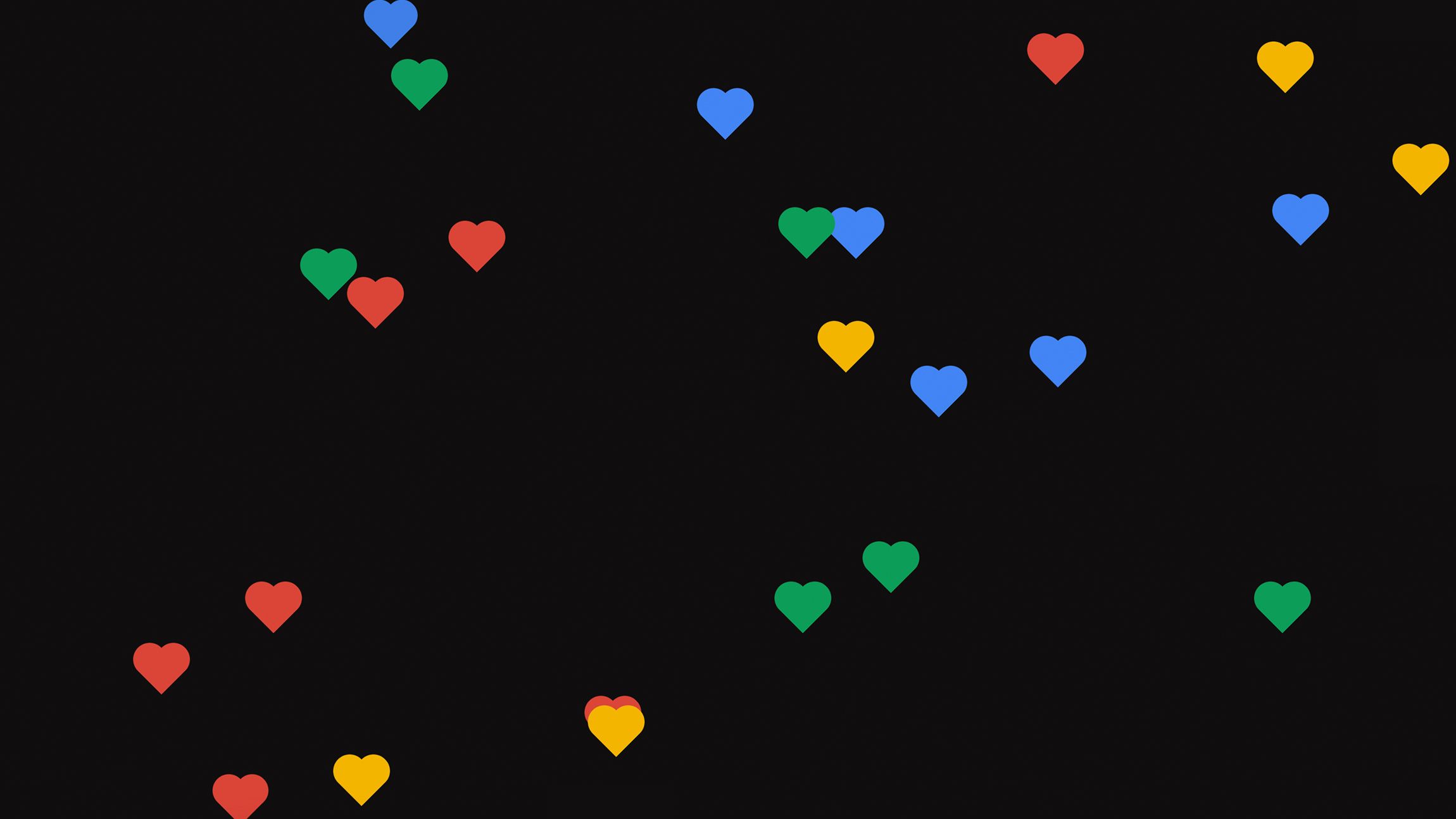 Multicolored hearts randomly placed on a black background, yellow, red, blue and green