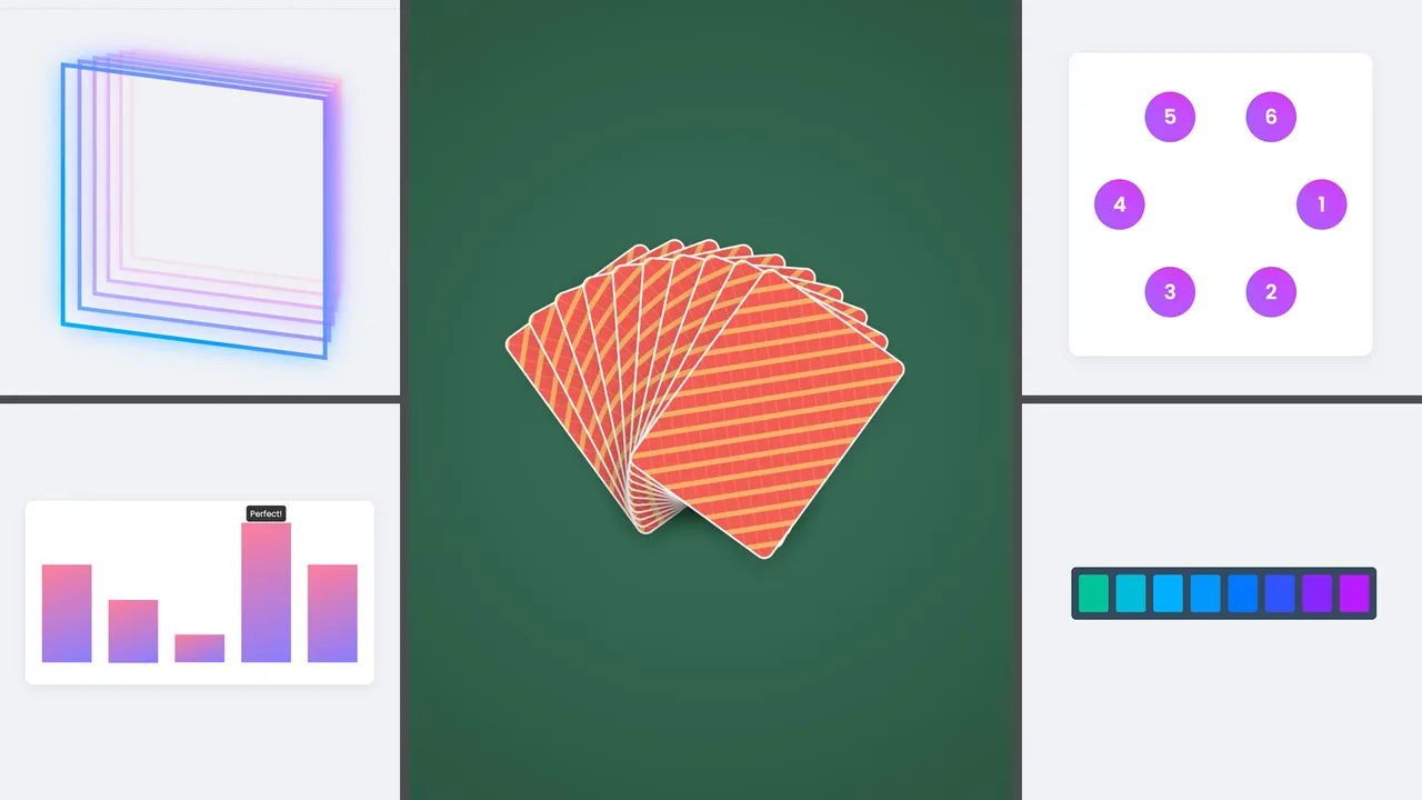 A fan of red and orange striped playing cards on a green background, surrounded by four UI elements: stacked translucent squares (top left), numbered purple circles in a grid (top right), a gradient bar chart labeled 'Perfect!' (bottom left), and a horizontal color palette from teal to purple (bottom right).