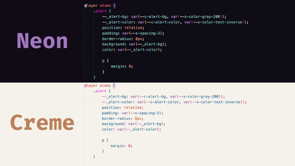 Preview of Utilitybend Neon and Utilitybend Creme themes with CSS code side by side.