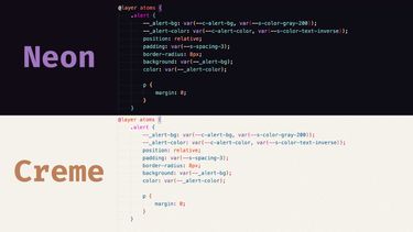 Preview of Utilitybend Neon and Utilitybend Creme themes with CSS code side by side.