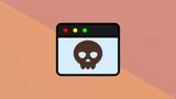 A browser window displaying a skull icon on a light blue background against an orange gradient background