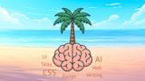 An illustrated beach scene with a stylised human brain as the trunk of a palm tree. Text labels float around it reading CSS, AI, UI, Talks, Web, Writing, and Range.